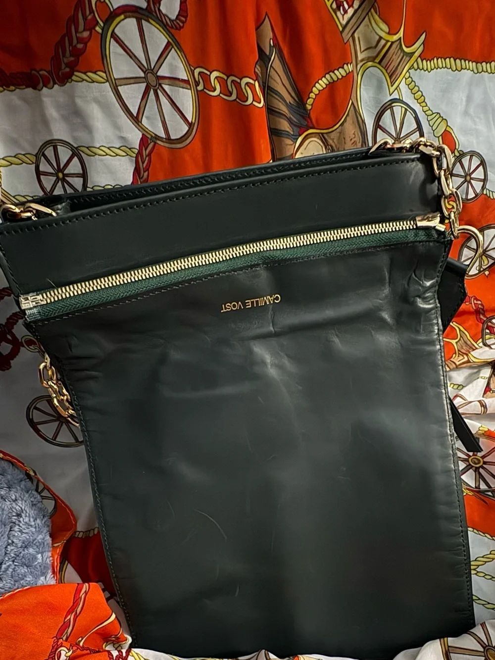 Camille Vost Detached topDark Green Suede and leather crossbody with Gold accent